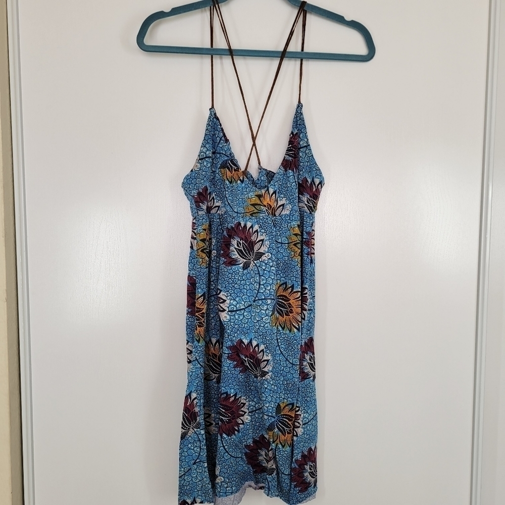 Rare Free People Lotus Print Blue Dress Large Floral Beach Boho Strappy Light‎